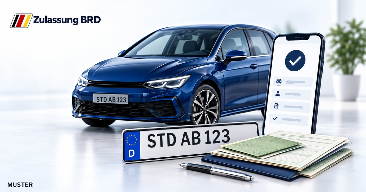 Online Fahrzeugzulassung in Drochtersen: Musterkennzeichen STD AB 123, Auto und Fahrzeugpapiere und Smartphone. Illustration mit Logo von Zulassung BRD.